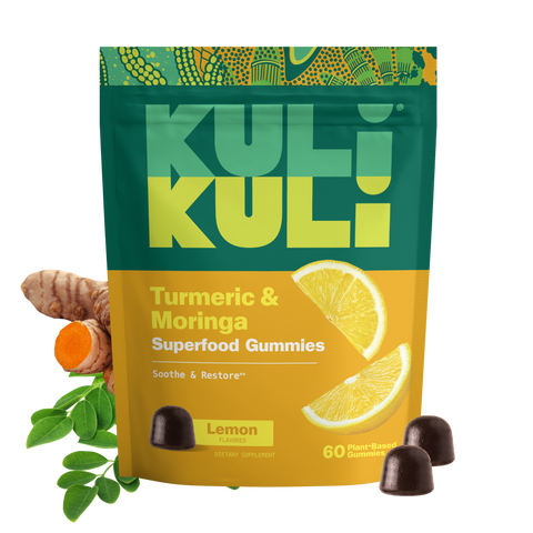 Kuli Kuli Turmeric & Moringa Superfood Gummies, Lemon flavor, 60 plant-based gummies, shown with turmeric root, moringa leaves, and gummies.