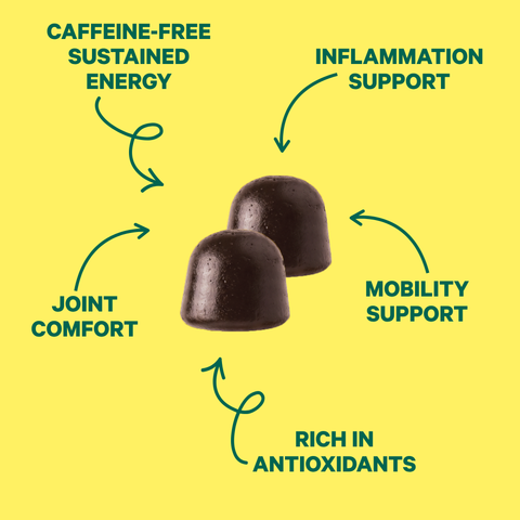 Two dark green Kuli Kuli Turmeric & Moringa gummies on a yellow background, labeled caffeine-free sustained energy, inflammation support, joint comfort, mobility support, and rich in antioxidants.