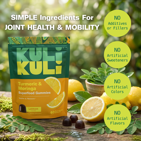 Kuli Kuli Turmeric & Moringa Gummies bag on a wooden table with fresh lemons and moringa leaves. No additives, fillers, or artificial sweeteners, colors, or flavors.