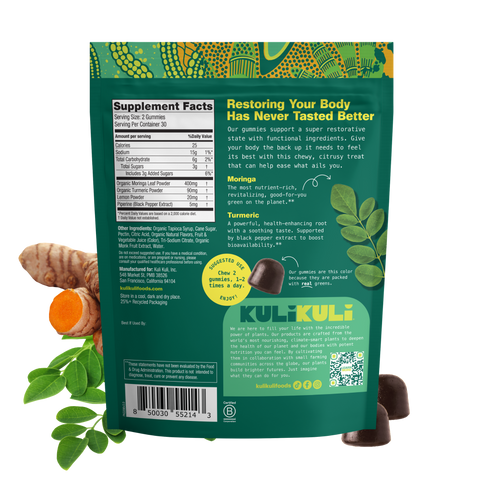 Back of Kuli Kuli Turmeric & Moringa Gummies bag showing Supplement Facts: 2 gummies per serving, 30 servings, 400mg organic moringa leaf, 90mg organic turmeric, and black pepper extract.