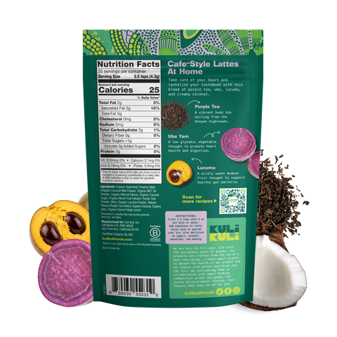 Back of the Kuli Kuli Ube Coconut Superfood Latte pouch showing the Nutrition Facts panel (25 calories, under 1g sugar, 0g added sugars per 2.5 tsp serving), ingredient list, preparation instructions, and descriptions of purple tea, ube, and lucuma.