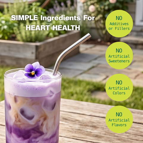 Iced swirled purple ube latte topped with a viola flower on a garden table, with text reading "Simple Ingredients for Heart Health" and badges for no additives or fillers, no artificial sweeteners, no artificial colors, and no artificial flavors.