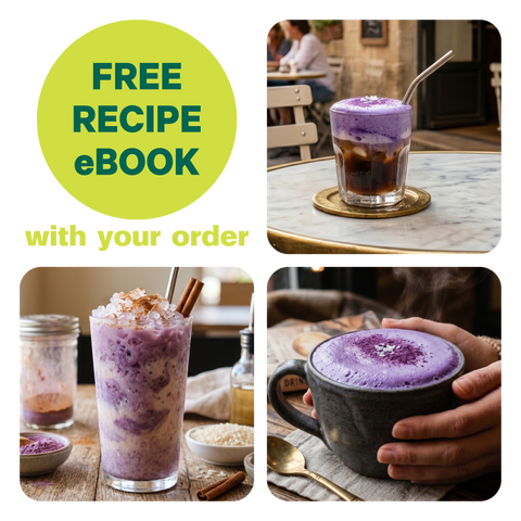 Iced purple ube latte with arrows pointing to its benefits: café-style lattes at home, supports heart health, low caffeine, less than 1g sugar, and rich in antioxidants.